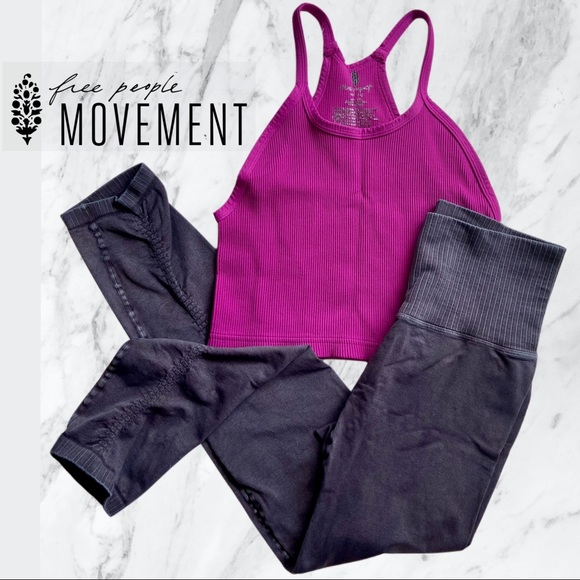 New! Set of Good Karma Black Leggings + Happiness Runs Purple Pink Tank